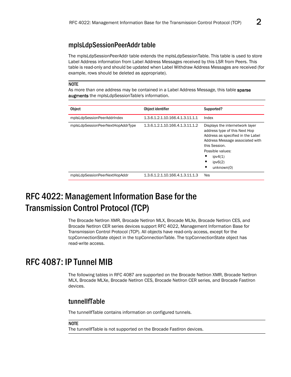 Mplsldpsessionpeeraddr table, Mplsldpsessionpeeraddrindex, Mplsldpsessionpeernexthopaddrtype | Mplsldpsessionpeernexthopaddr, Rfc 4087: ip tunnel mib, Tunneliftable | Brocade Unified IP MIB Reference (Supporting FastIron Releases 07.5.00 and 08.0.10) User Manual | Page 73 / 771