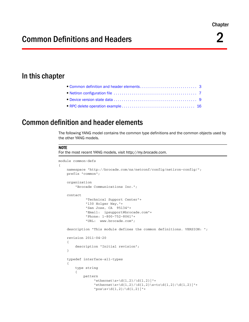 Common definitions and headers, In this chapter, Common definition and header elements | Chapter 2, Chapter | Brocade Multi-Service IronWare YANG Configuration Guide (Supporting R05.6.00) User Manual | Page 11 / 110