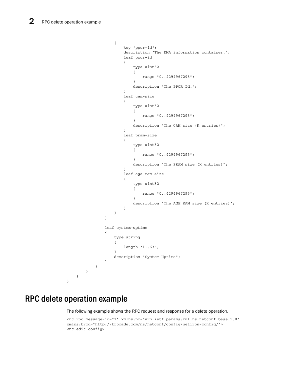 Rpc delete operation example | Brocade Multi-Service IronWare YANG Configuration Guide (Supporting R05.6.00) User Manual | Page 24 / 110