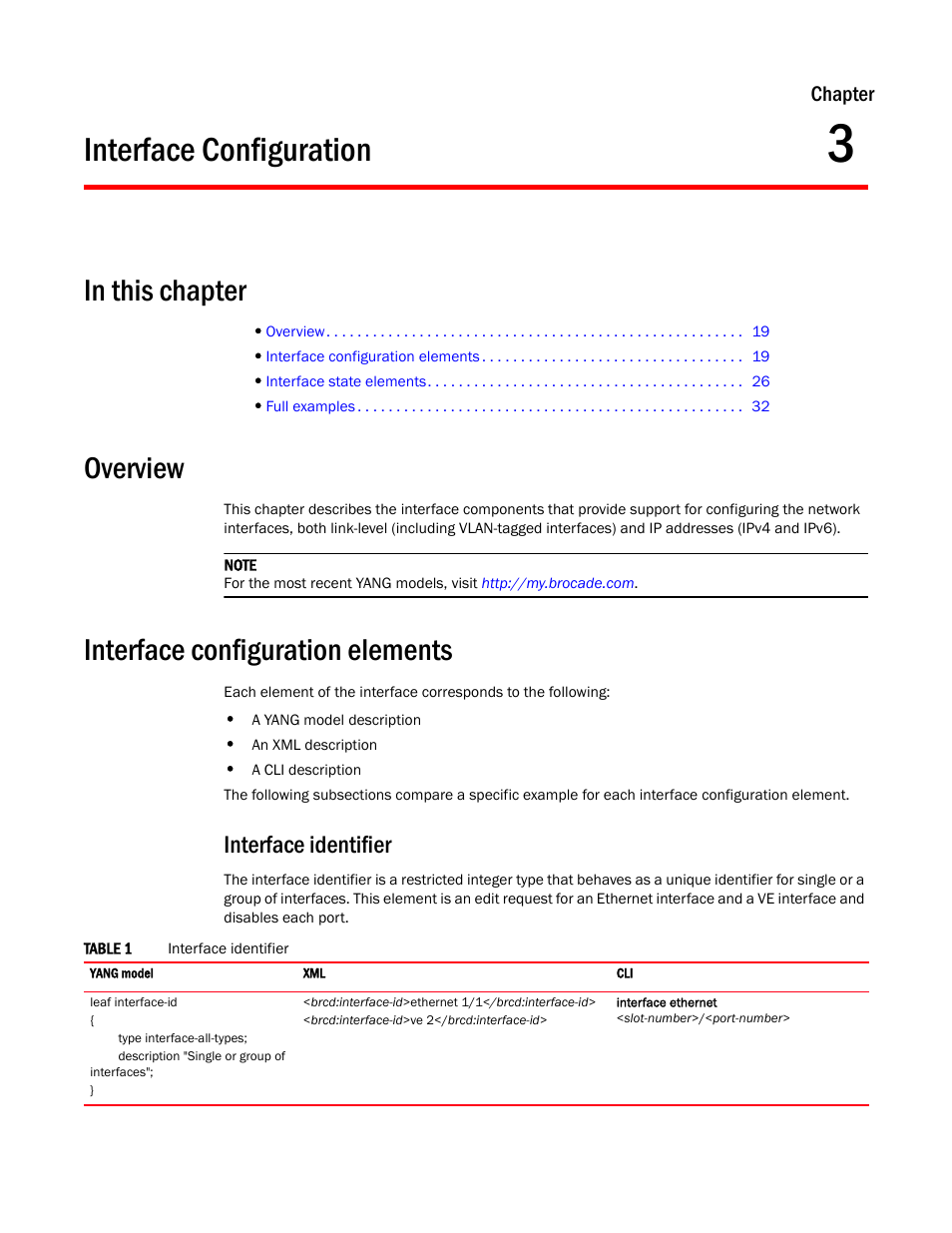 Interface configuration, In this chapter, Overview | Interface configuration elements, Interface identifier, Chapter 3 | Brocade Multi-Service IronWare YANG Configuration Guide (Supporting R05.6.00) User Manual | Page 27 / 110