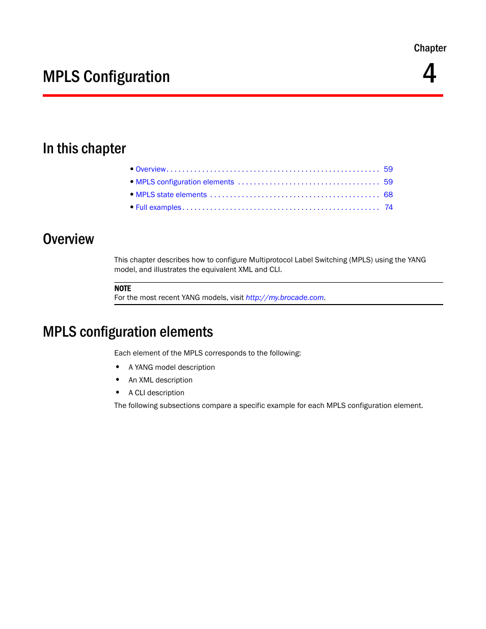 Mpls configuration, In this chapter, Overview | Mpls configuration elements, Chapter 4 | Brocade Multi-Service IronWare YANG Configuration Guide (Supporting R05.6.00) User Manual | Page 67 / 110