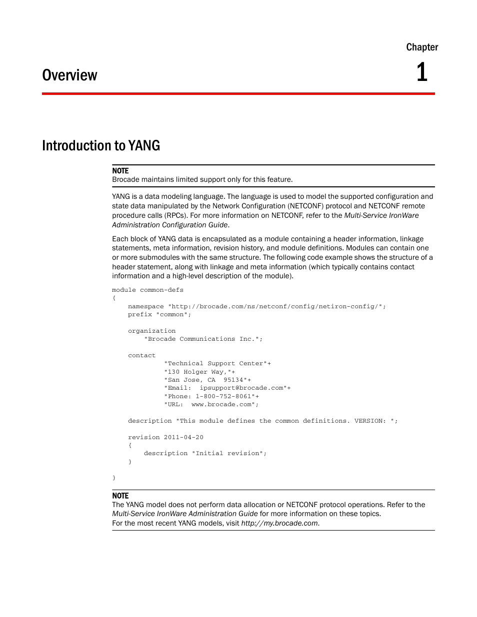 Overview, Introduction to yang, Chapter 1 | Chapter | Brocade Multi-Service IronWare YANG Configuration Guide (Supporting R05.6.00) User Manual | Page 9 / 110