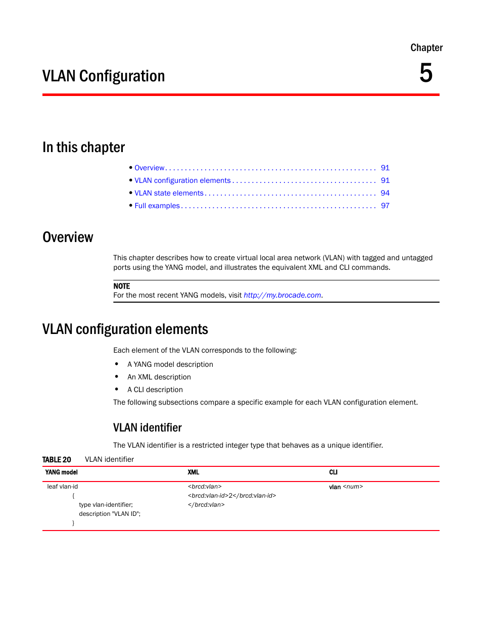 Vlan configuration, In this chapter, Overview | Vlan configuration elements, Vlan identifier, Chapter 5 | Brocade Multi-Service IronWare YANG Configuration Guide (Supporting R05.6.00) User Manual | Page 99 / 110