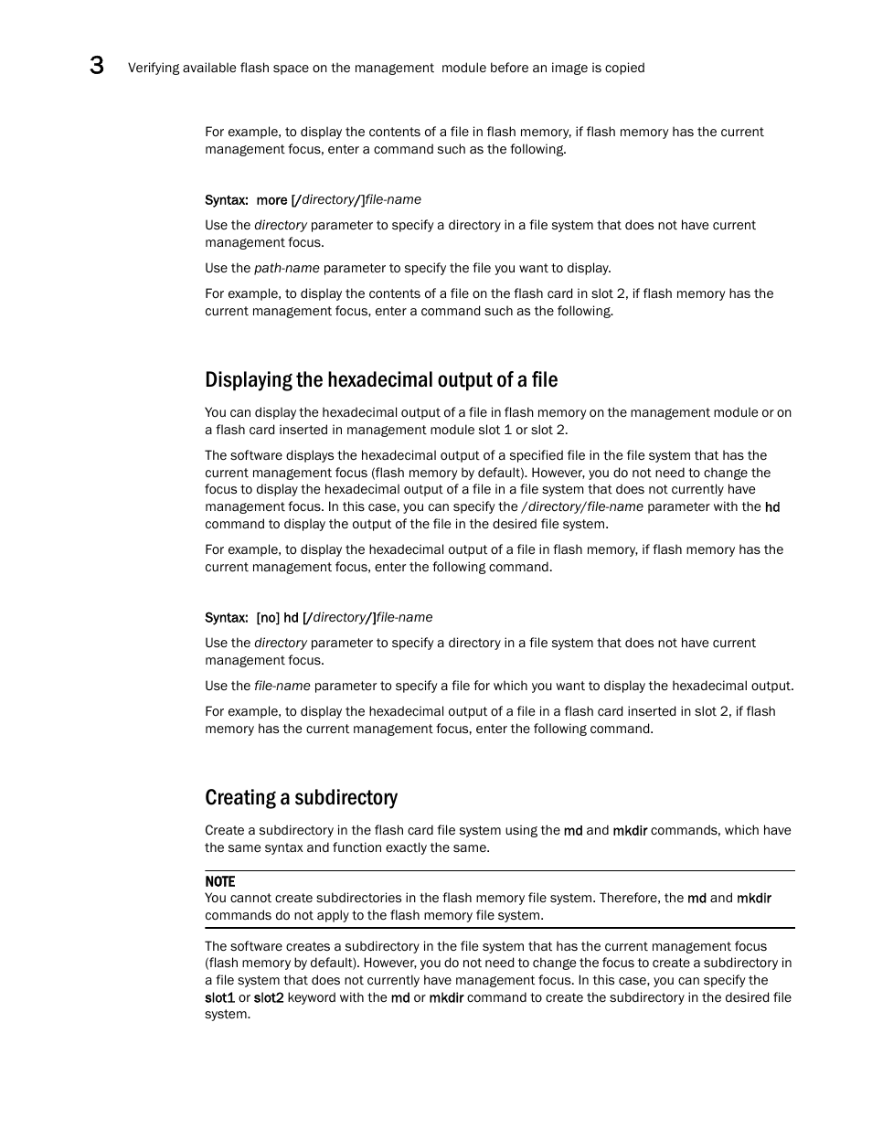 Displaying the hexadecimal output of a file, Creating a subdirectory | Brocade Multi-Service IronWare Switching Configuration Guide (Supporting R05.6.00) User Manual | Page 100 / 984