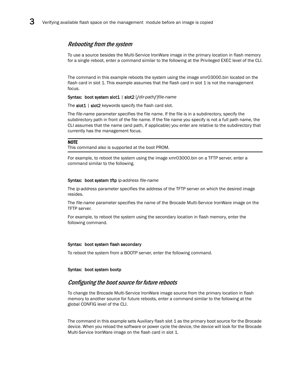 Rebooting from the system, Configuring the boot source for future reboots | Brocade Multi-Service IronWare Switching Configuration Guide (Supporting R05.6.00) User Manual | Page 112 / 984