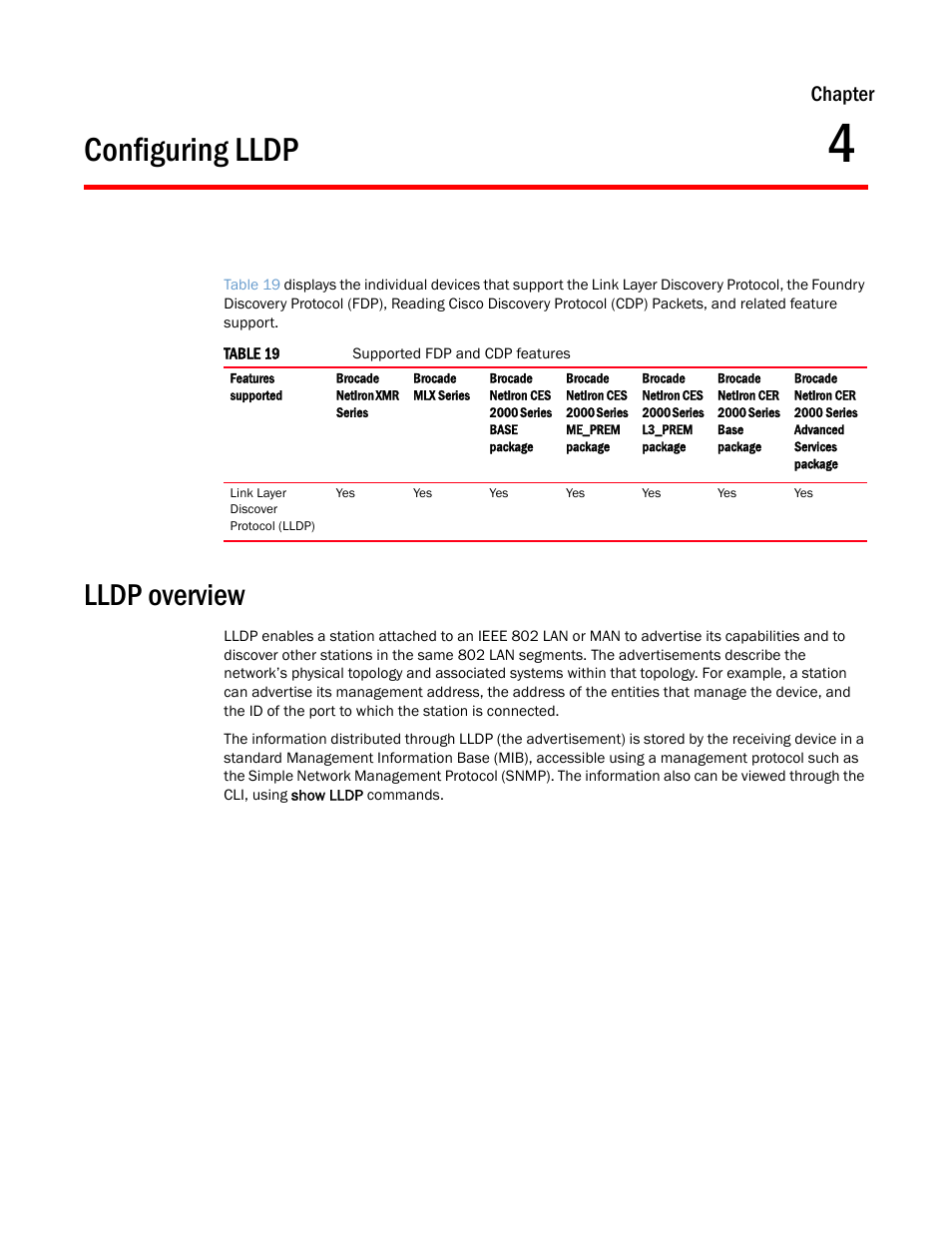 Configuring lldp, Lldp overview, Chapter 4 | Chapter | Brocade Multi-Service IronWare Switching Configuration Guide (Supporting R05.6.00) User Manual | Page 115 / 984