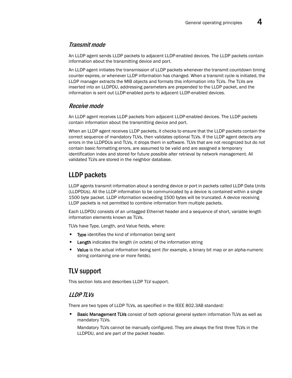 Lldp packets, Tlv support, Transmit mode | Receive mode, Lldp tlvs | Brocade Multi-Service IronWare Switching Configuration Guide (Supporting R05.6.00) User Manual | Page 117 / 984