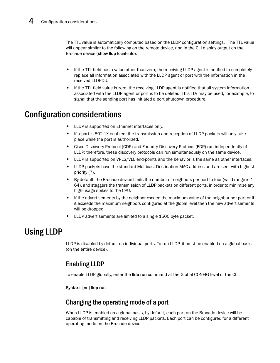 Configuration considerations, Using lldp, Enabling lldp | Changing the operating mode of a port | Brocade Multi-Service IronWare Switching Configuration Guide (Supporting R05.6.00) User Manual | Page 120 / 984