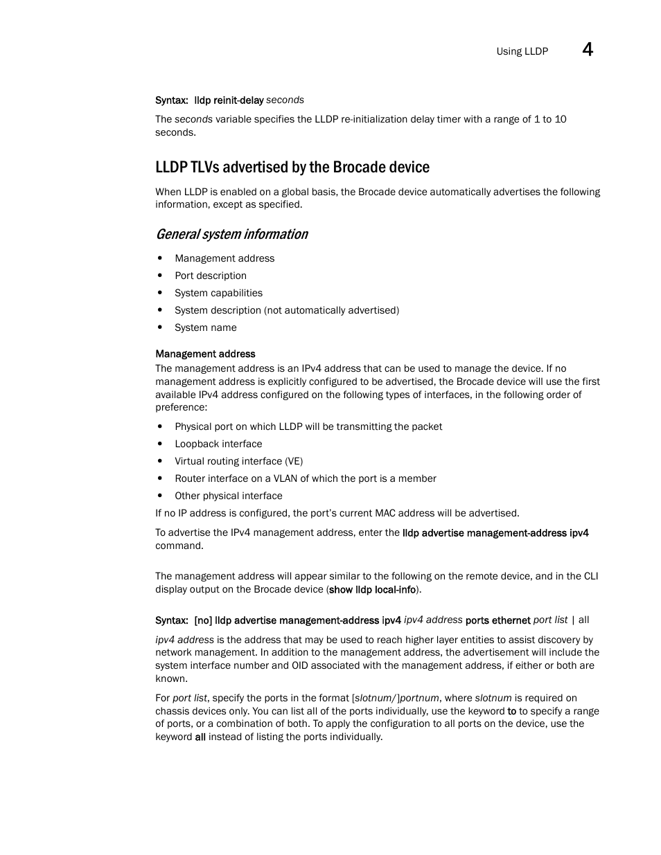 Lldp tlvs advertised by the brocade device, General system information | Brocade Multi-Service IronWare Switching Configuration Guide (Supporting R05.6.00) User Manual | Page 125 / 984