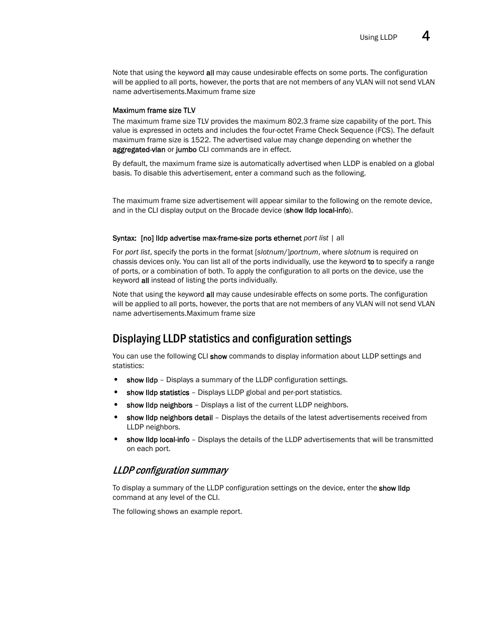 Lldp configuration summary | Brocade Multi-Service IronWare Switching Configuration Guide (Supporting R05.6.00) User Manual | Page 131 / 984