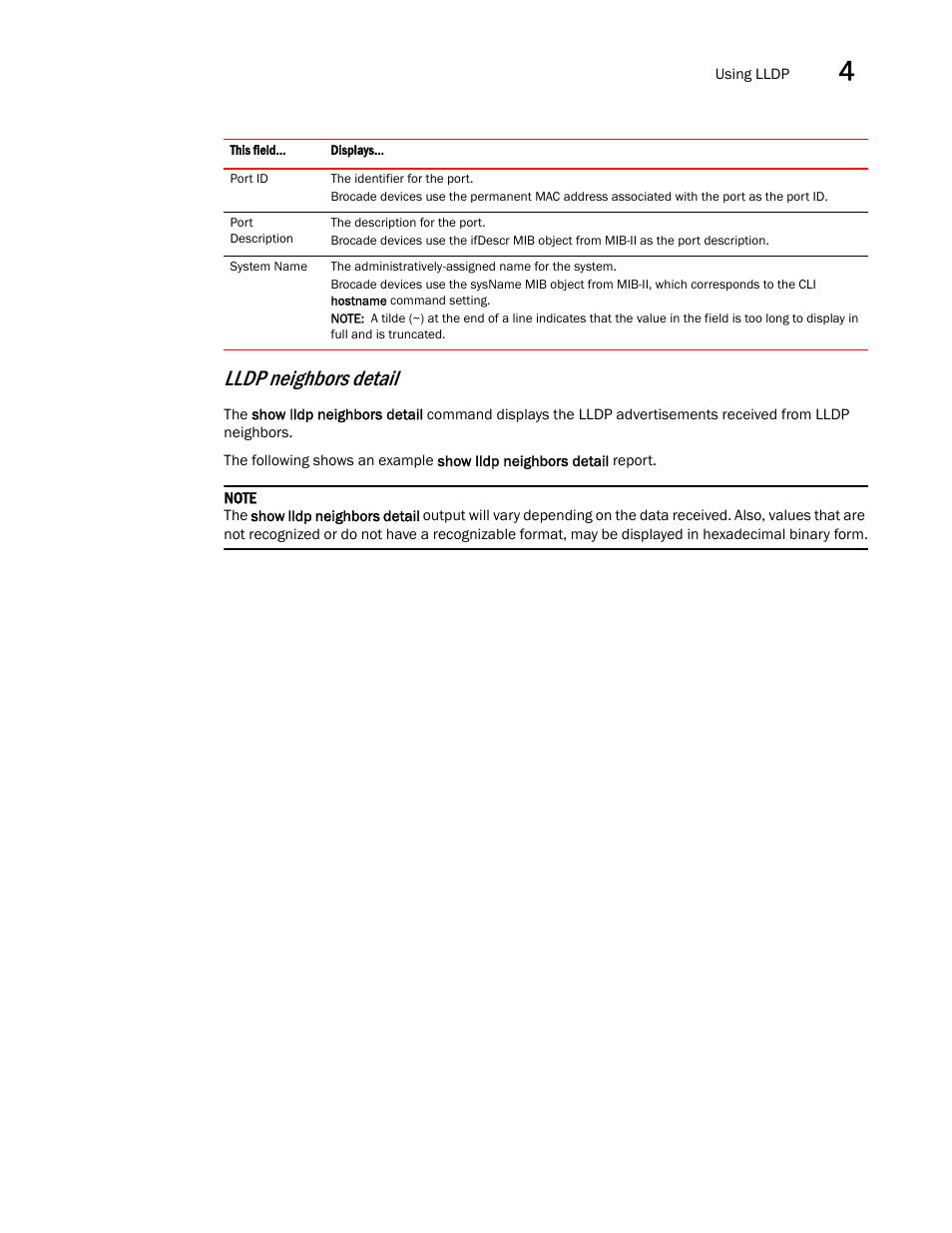 Lldp neighbors detail | Brocade Multi-Service IronWare Switching Configuration Guide (Supporting R05.6.00) User Manual | Page 135 / 984