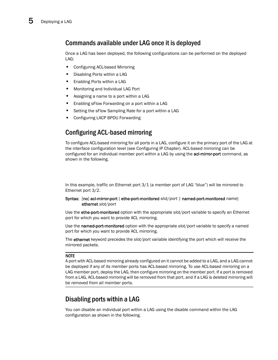 Commands available under lag once it is deployed, Configuring acl-based mirroring, Disabling ports within a lag | Brocade Multi-Service IronWare Switching Configuration Guide (Supporting R05.6.00) User Manual | Page 156 / 984