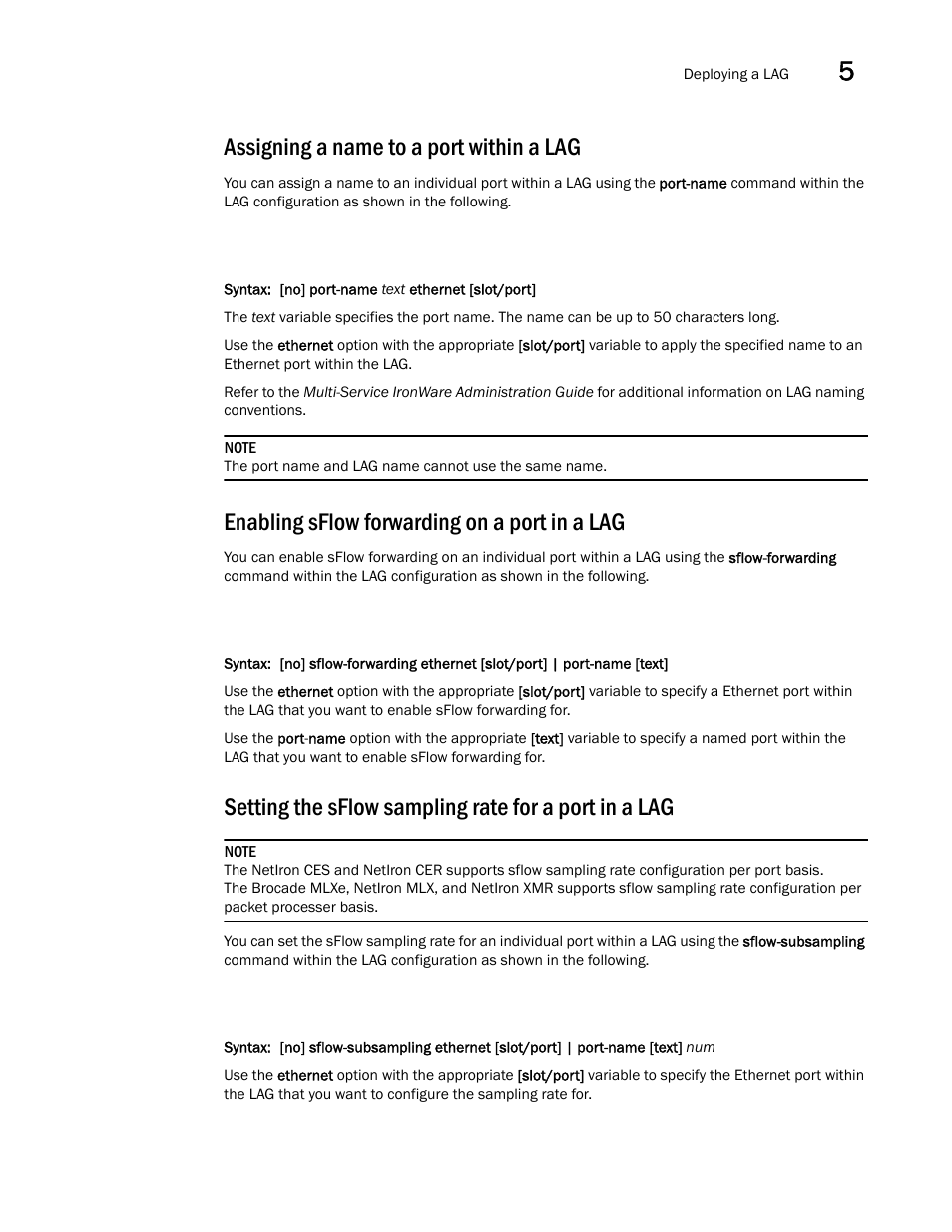 Assigning a name to a port within a lag, Enabling sflow forwarding on a port in a lag | Brocade Multi-Service IronWare Switching Configuration Guide (Supporting R05.6.00) User Manual | Page 159 / 984