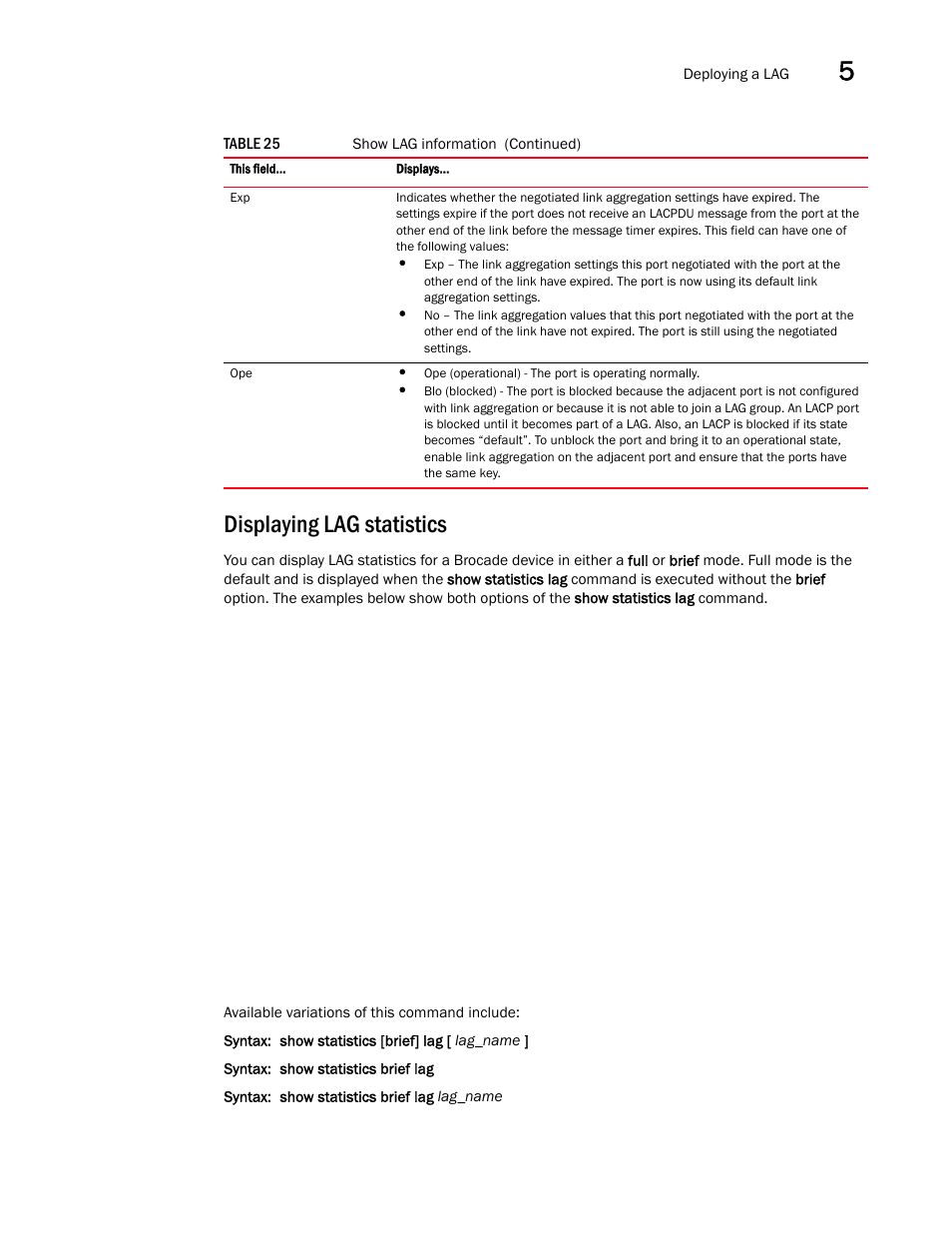 Displaying lag statistics | Brocade Multi-Service IronWare Switching Configuration Guide (Supporting R05.6.00) User Manual | Page 167 / 984