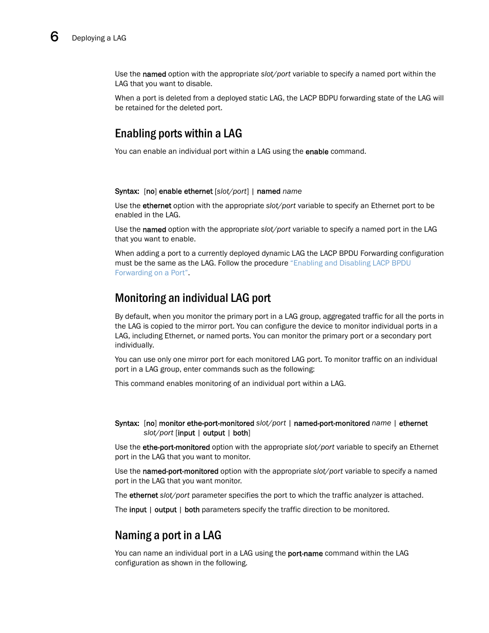 Enabling ports within a lag, Monitoring an individual lag port, Naming a port in a lag | Brocade Multi-Service IronWare Switching Configuration Guide (Supporting R05.6.00) User Manual | Page 180 / 984