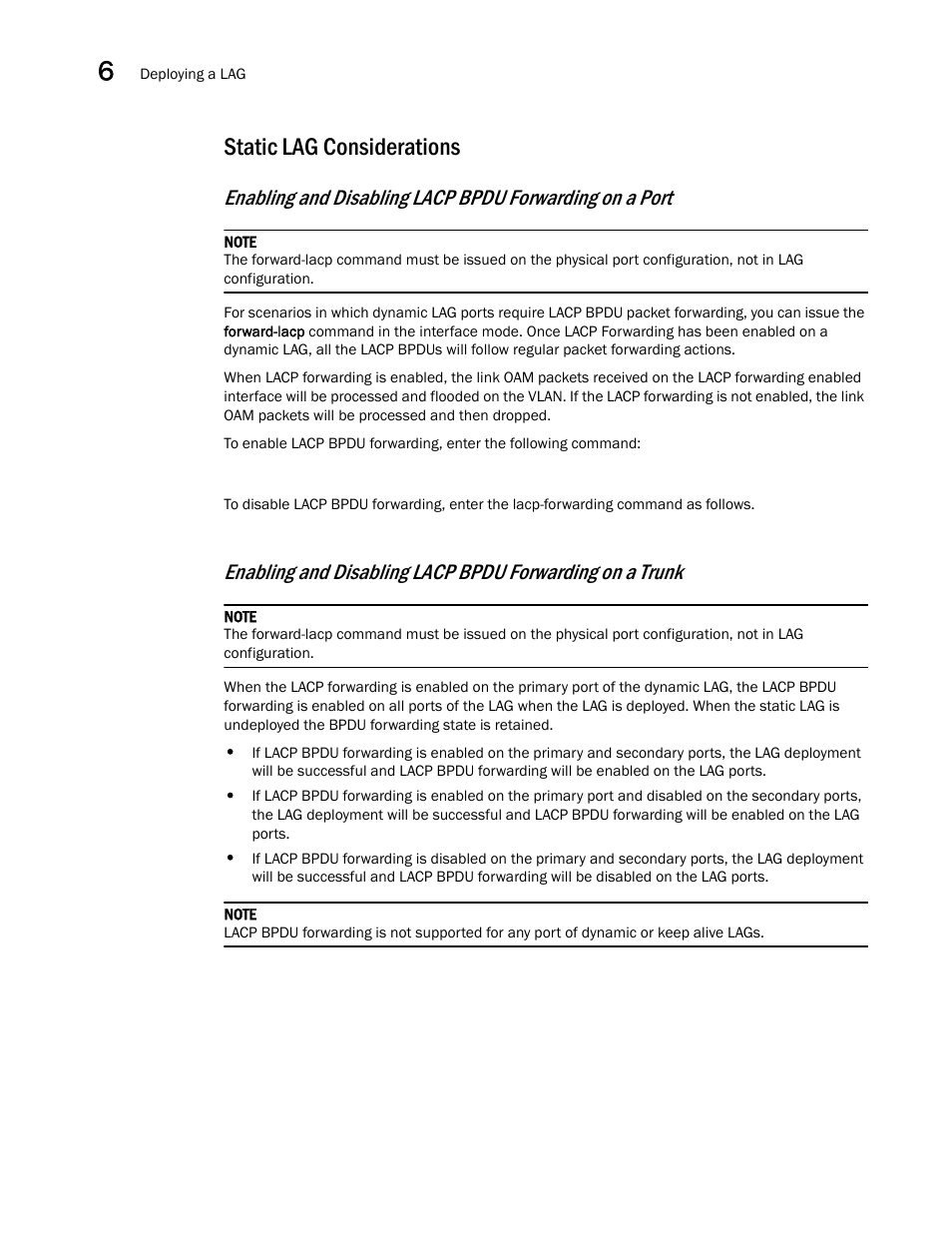 Static lag considerations, Enabling and disabling lacp bpdu, Forwarding on a port | Brocade Multi-Service IronWare Switching Configuration Guide (Supporting R05.6.00) User Manual | Page 182 / 984