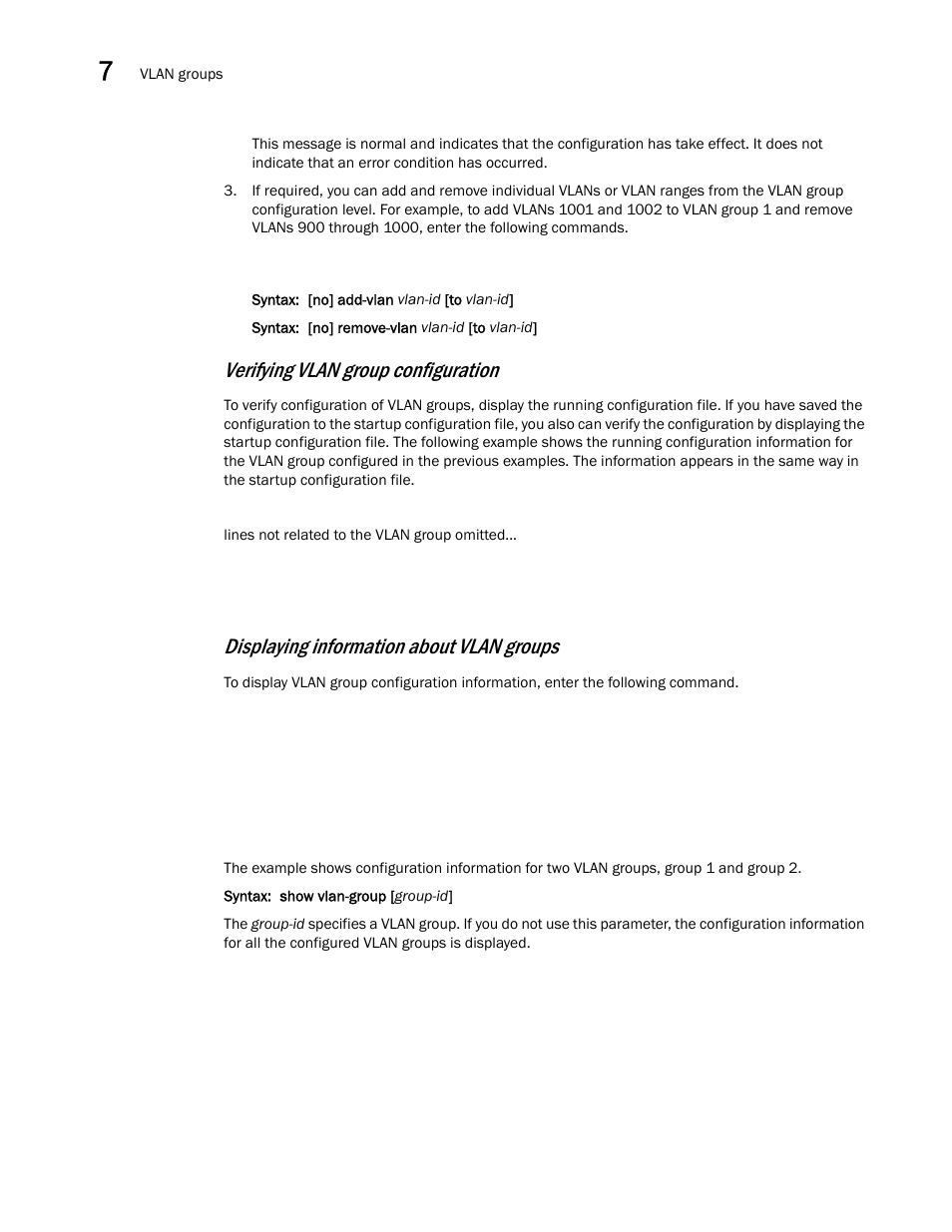 Verifying vlan group configuration, Displaying information about vlan groups | Brocade Multi-Service IronWare Switching Configuration Guide (Supporting R05.6.00) User Manual | Page 208 / 984