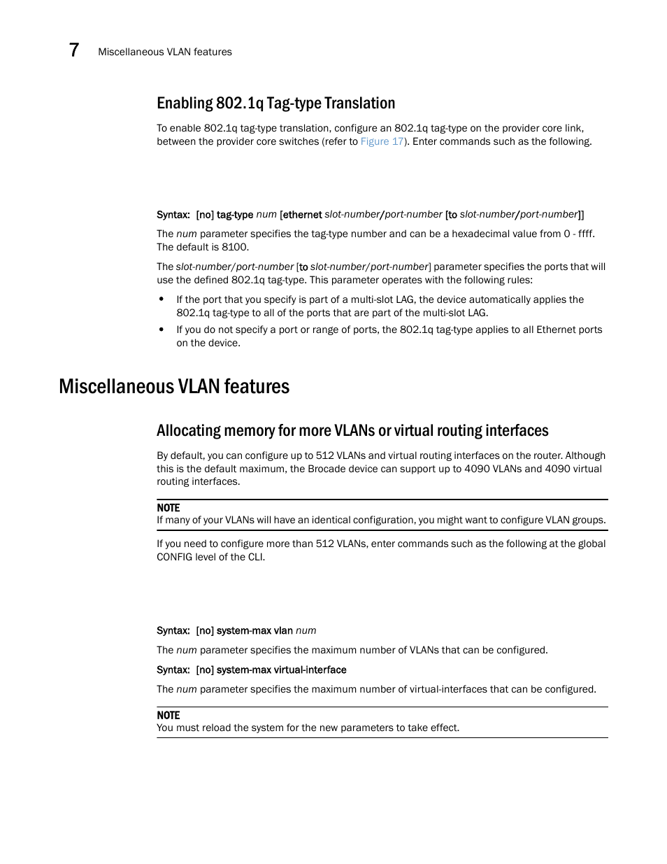 Enabling 802.1q tag-type translation, Miscellaneous vlan features, Allocating memory | For more vlans or virtual routing interfaces | Brocade Multi-Service IronWare Switching Configuration Guide (Supporting R05.6.00) User Manual | Page 220 / 984