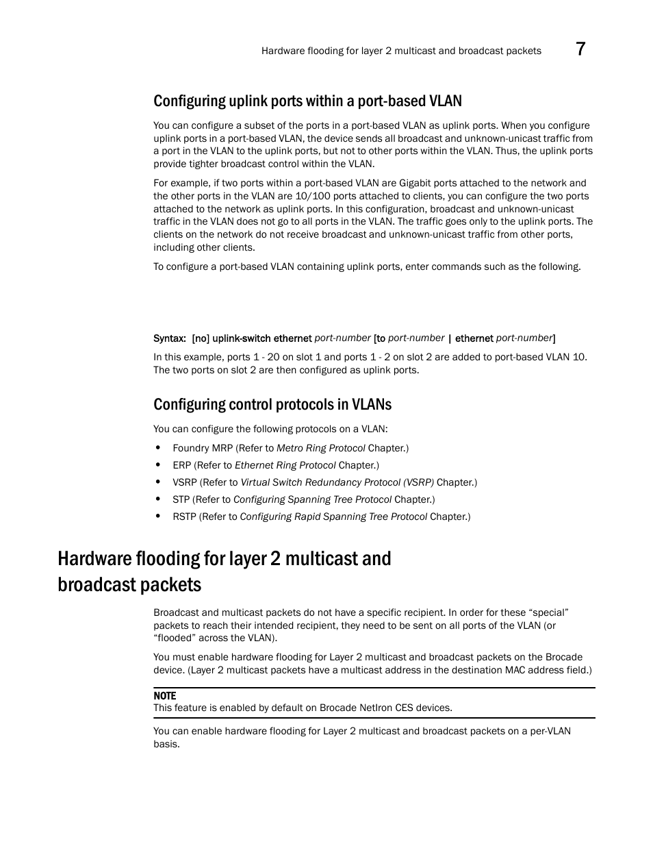 Configuring uplink ports within a port-based vlan, Configuring control protocols in vlans | Brocade Multi-Service IronWare Switching Configuration Guide (Supporting R05.6.00) User Manual | Page 221 / 984