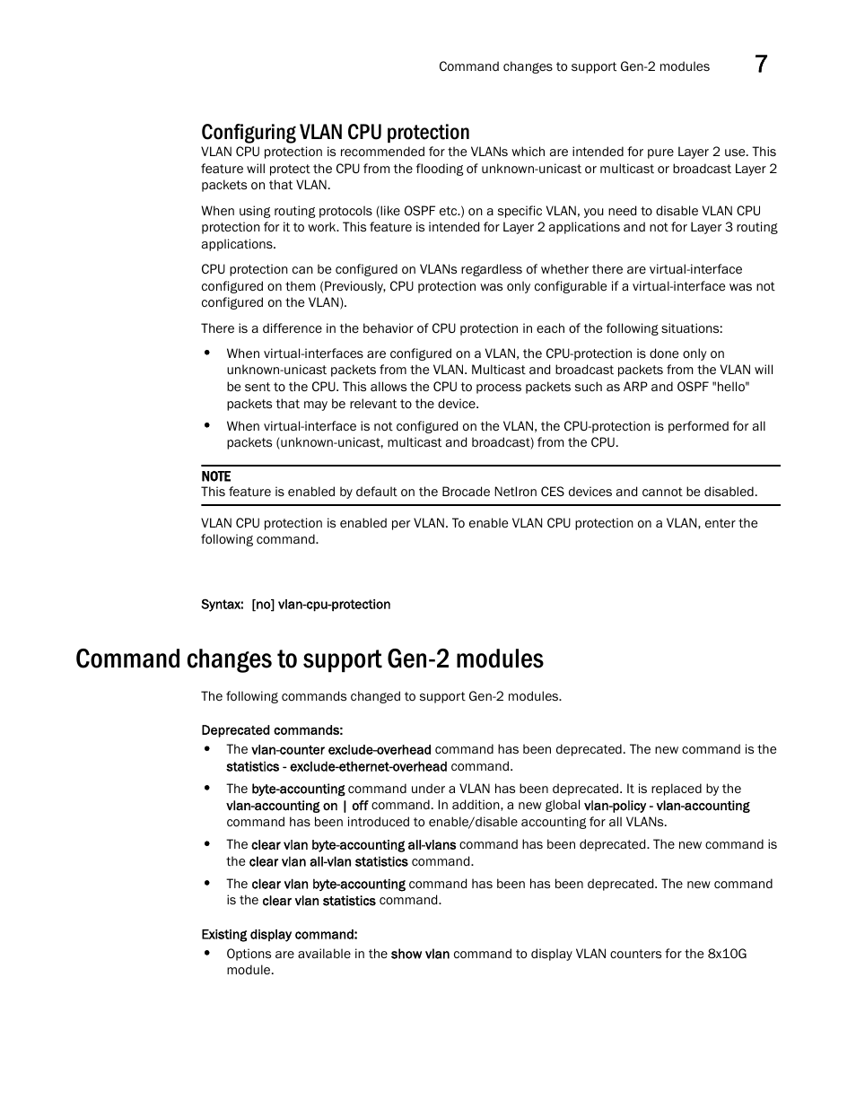 Configuring vlan cpu protection, Command changes to support gen-2 modules | Brocade Multi-Service IronWare Switching Configuration Guide (Supporting R05.6.00) User Manual | Page 223 / 984