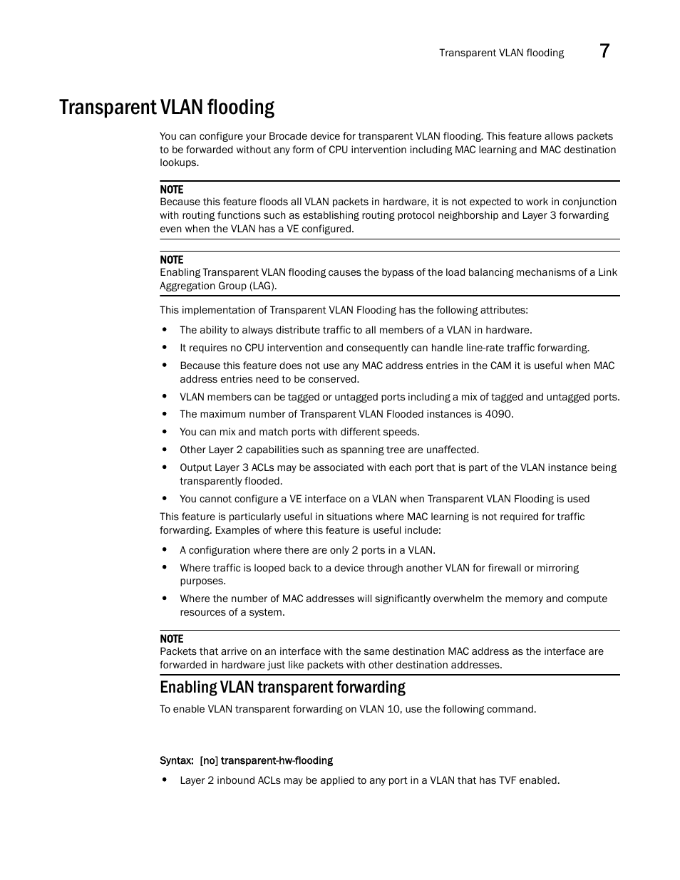 Transparent vlan flooding, Enabling vlan transparent forwarding | Brocade Multi-Service IronWare Switching Configuration Guide (Supporting R05.6.00) User Manual | Page 235 / 984