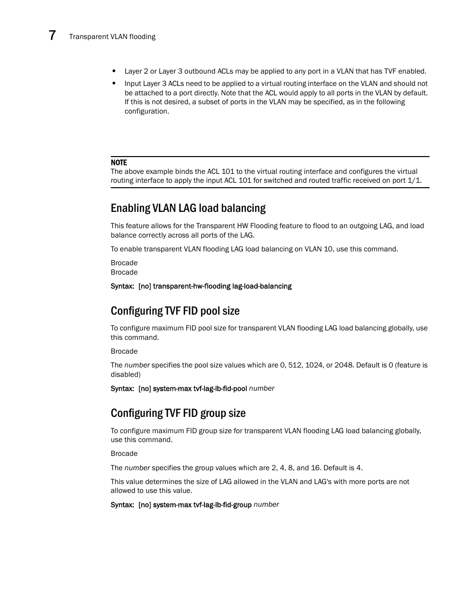 Enabling vlan lag load balancing, Configuring tvf fid pool size, Configuring tvf fid group size | Brocade Multi-Service IronWare Switching Configuration Guide (Supporting R05.6.00) User Manual | Page 236 / 984