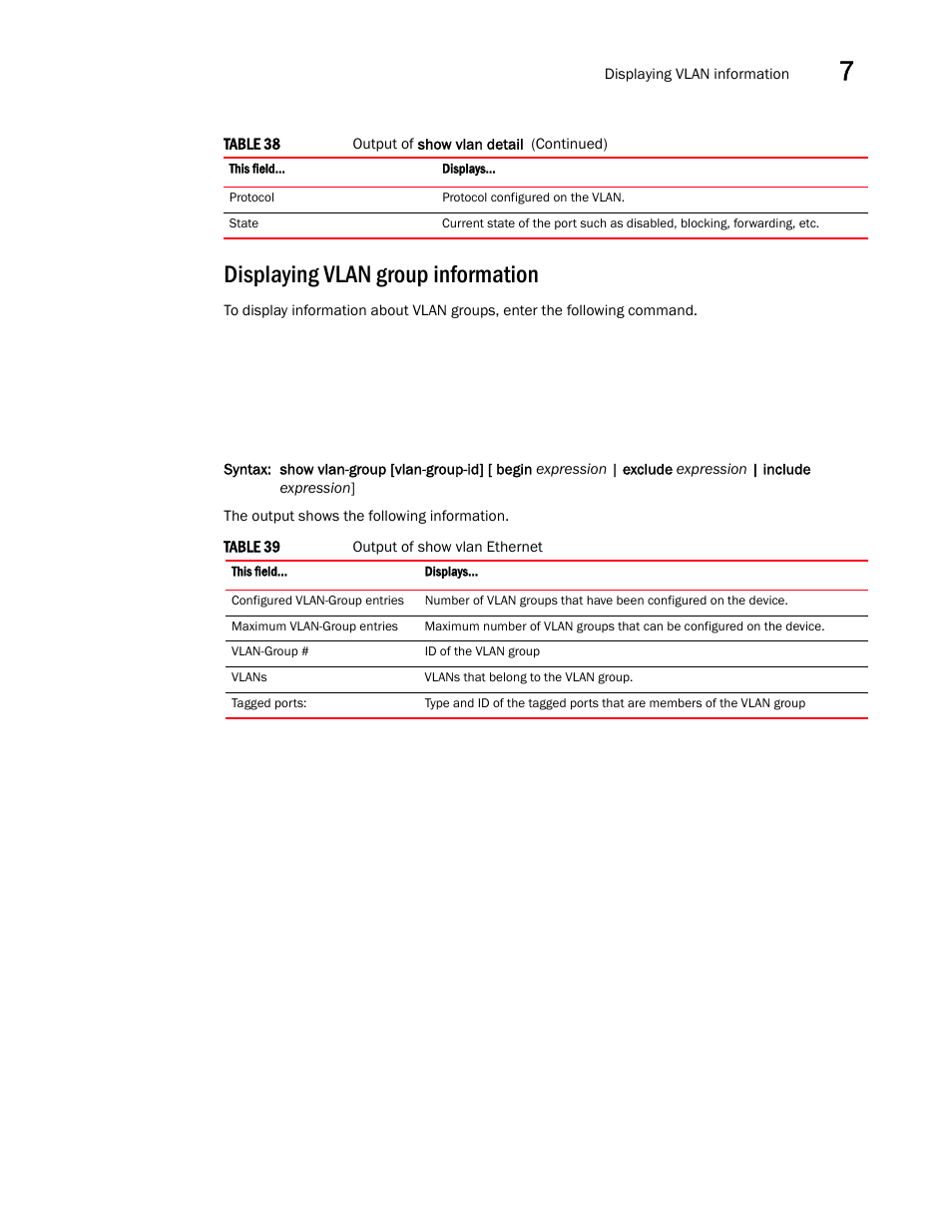 Displaying vlan group information | Brocade Multi-Service IronWare Switching Configuration Guide (Supporting R05.6.00) User Manual | Page 241 / 984