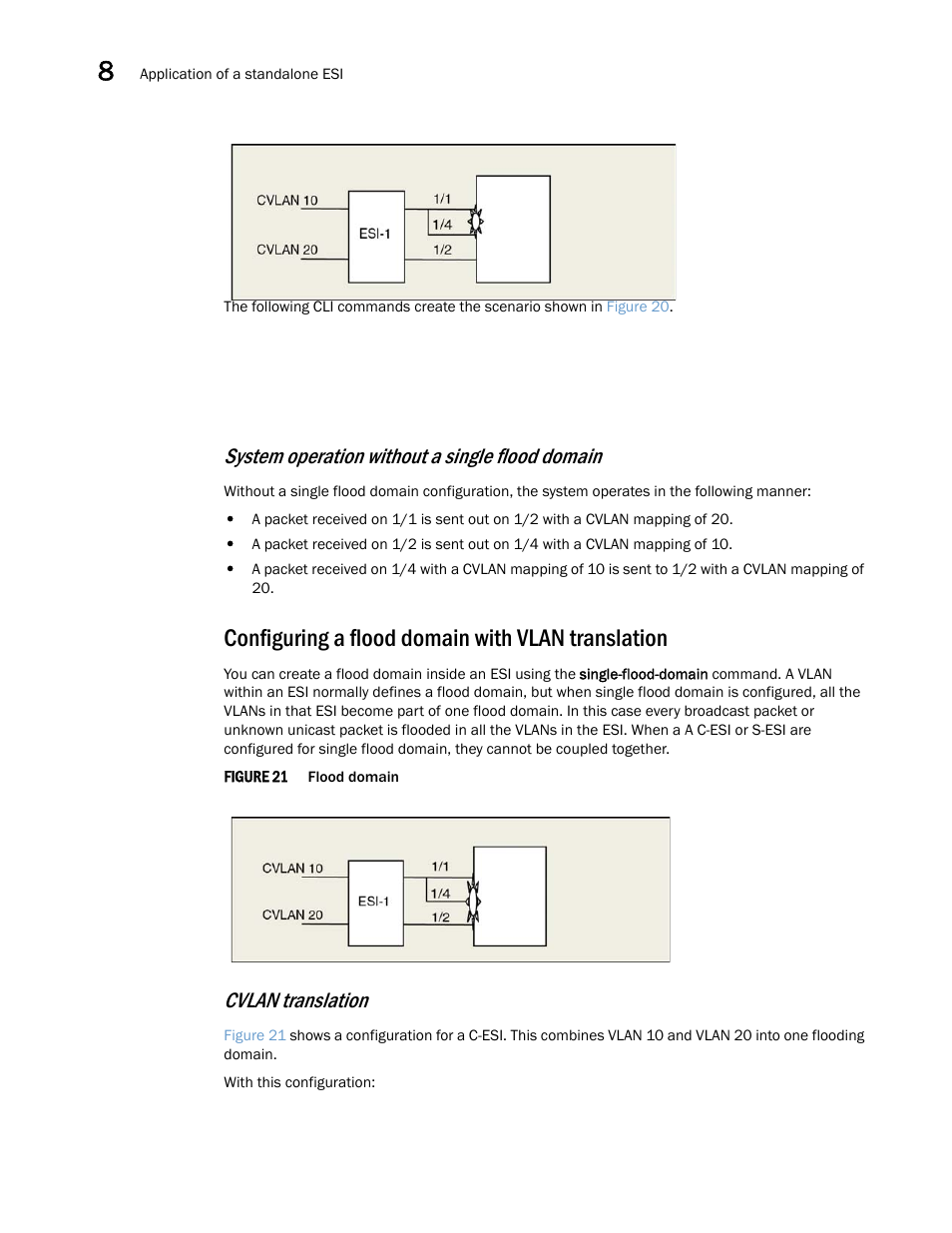 Configuring a flood domain with vlan translation, System operation without a single flood domain, Cvlan translation | Brocade Multi-Service IronWare Switching Configuration Guide (Supporting R05.6.00) User Manual | Page 260 / 984