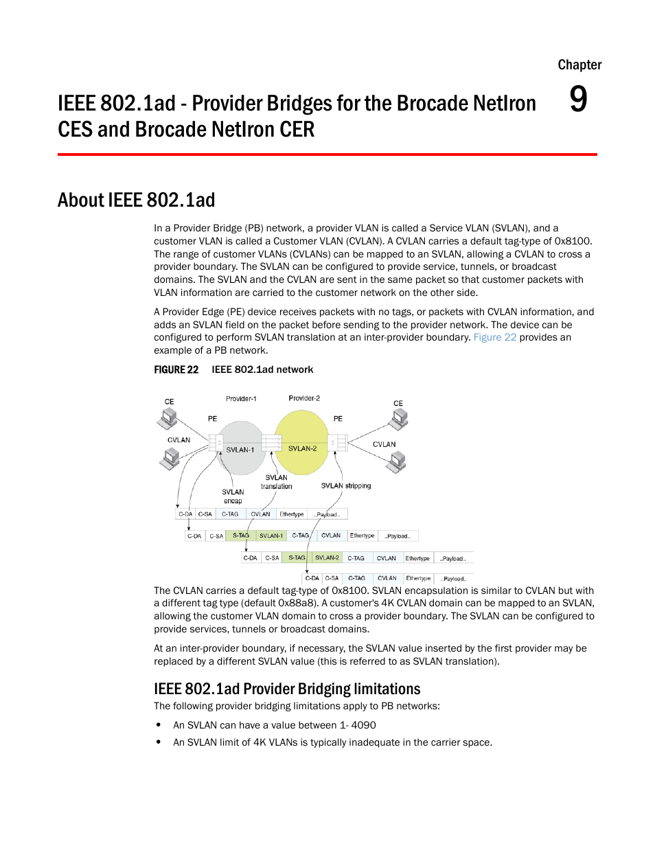 About ieee 802.1ad, Ieee 802.1ad provider bridging limitations, Chapter 9 | Brocade netiron cer | Brocade Multi-Service IronWare Switching Configuration Guide (Supporting R05.6.00) User Manual | Page 263 / 984