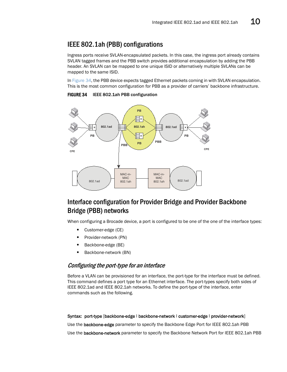 Ieee 802.1ah (pbb) configurations, Configuring the port-type for an interface | Brocade Multi-Service IronWare Switching Configuration Guide (Supporting R05.6.00) User Manual | Page 287 / 984