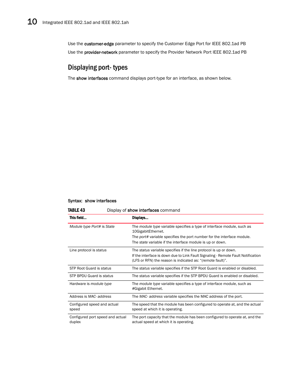 Displaying port- types | Brocade Multi-Service IronWare Switching Configuration Guide (Supporting R05.6.00) User Manual | Page 288 / 984