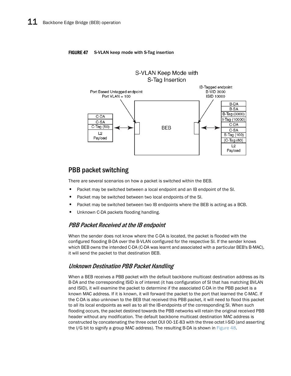 Pbb packet switching, Pbb packet received at the ib endpoint, Unknown destination pbb packet handling | Brocade Multi-Service IronWare Switching Configuration Guide (Supporting R05.6.00) User Manual | Page 316 / 984