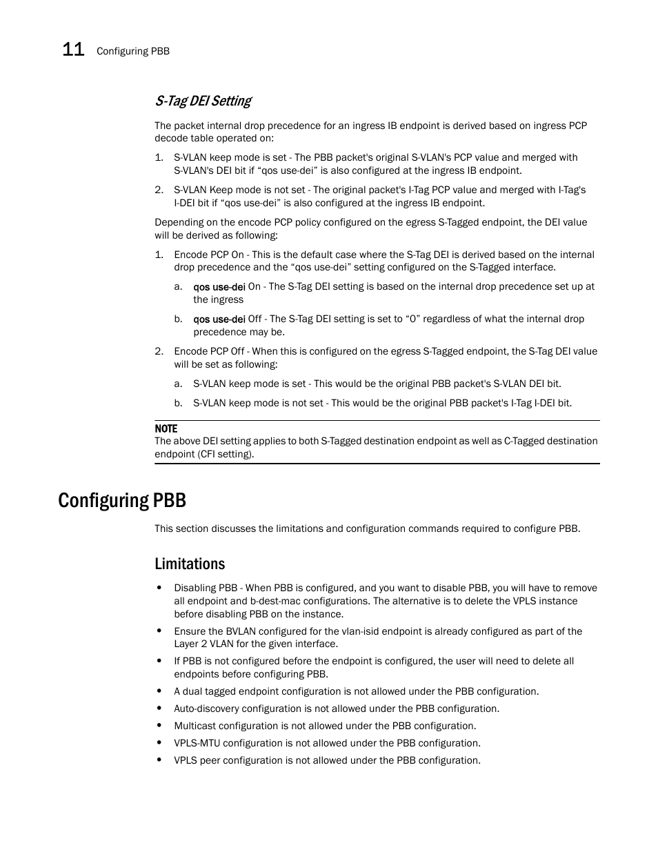 Configuring pbb, Limitations, S-tag dei setting | Brocade Multi-Service IronWare Switching Configuration Guide (Supporting R05.6.00) User Manual | Page 322 / 984