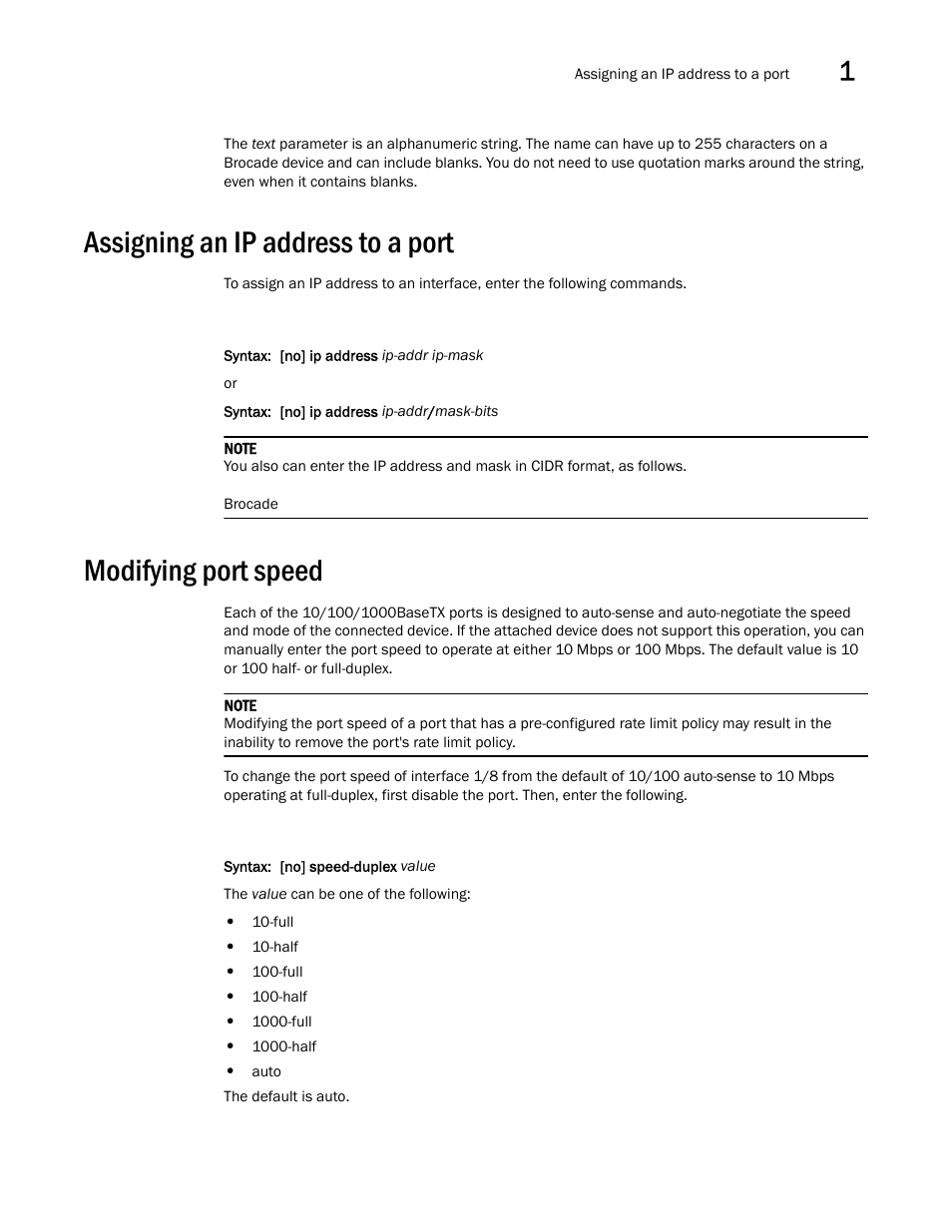 Assigning an ip address to a port, Modifying port speed | Brocade Multi-Service IronWare Switching Configuration Guide (Supporting R05.6.00) User Manual | Page 33 / 984