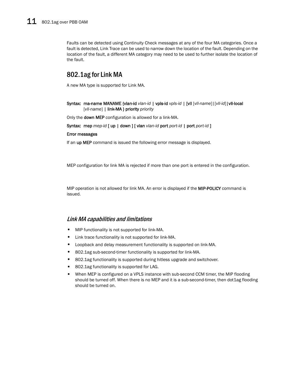 1ag for link ma, Link ma capabilities and limitations | Brocade Multi-Service IronWare Switching Configuration Guide (Supporting R05.6.00) User Manual | Page 332 / 984