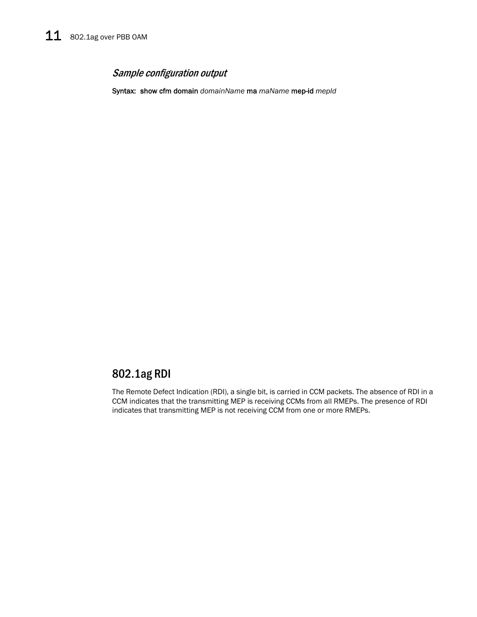 1ag rdi, Sample configuration output | Brocade Multi-Service IronWare Switching Configuration Guide (Supporting R05.6.00) User Manual | Page 336 / 984