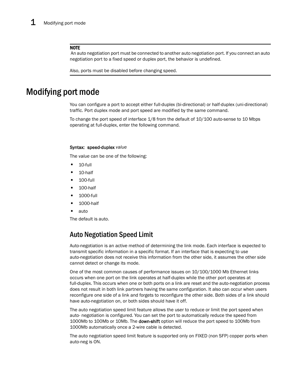 Modifying port mode, Auto negotiation speed limit | Brocade Multi-Service IronWare Switching Configuration Guide (Supporting R05.6.00) User Manual | Page 34 / 984