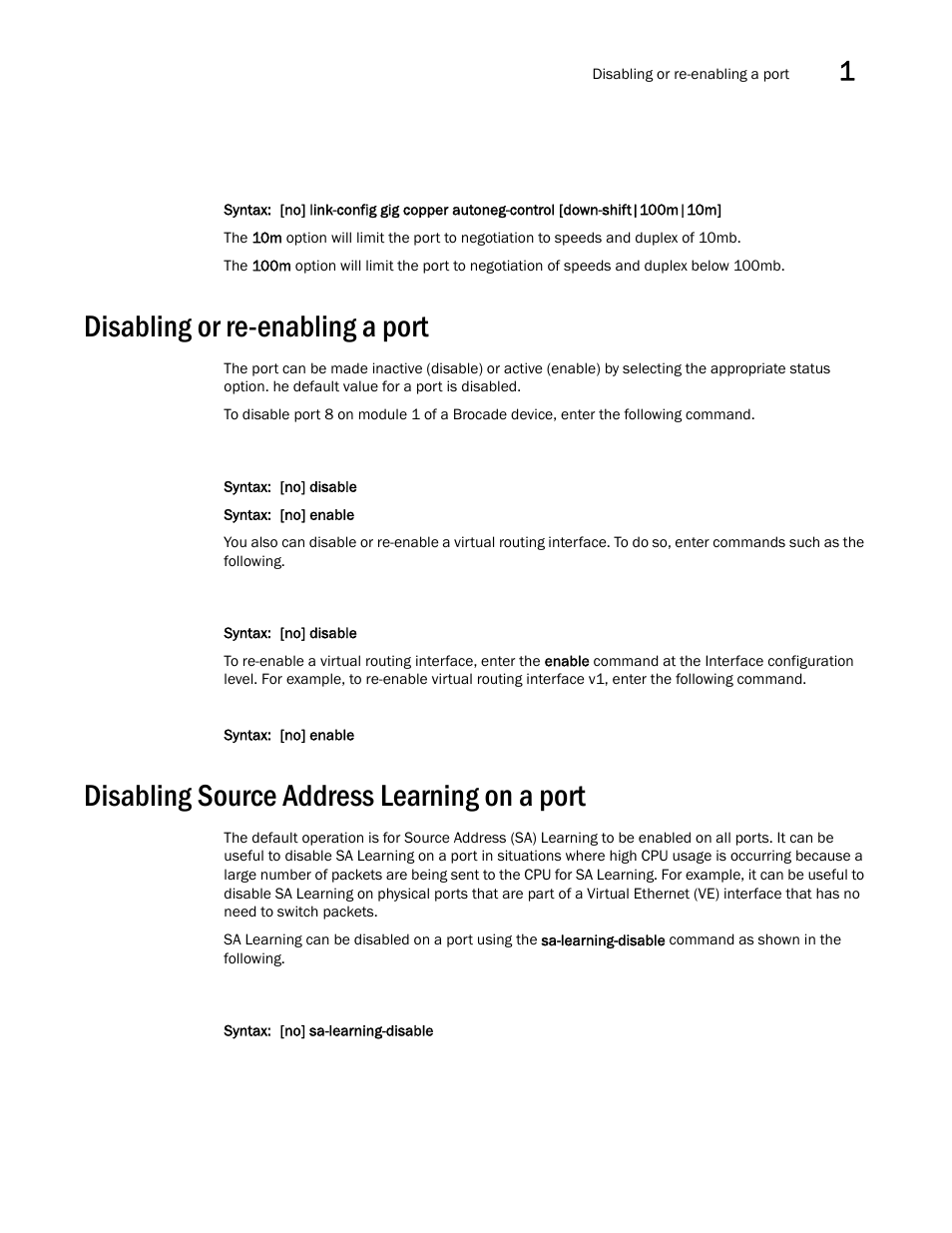 Disabling or re-enabling a port, Disabling source address learning on a port | Brocade Multi-Service IronWare Switching Configuration Guide (Supporting R05.6.00) User Manual | Page 35 / 984