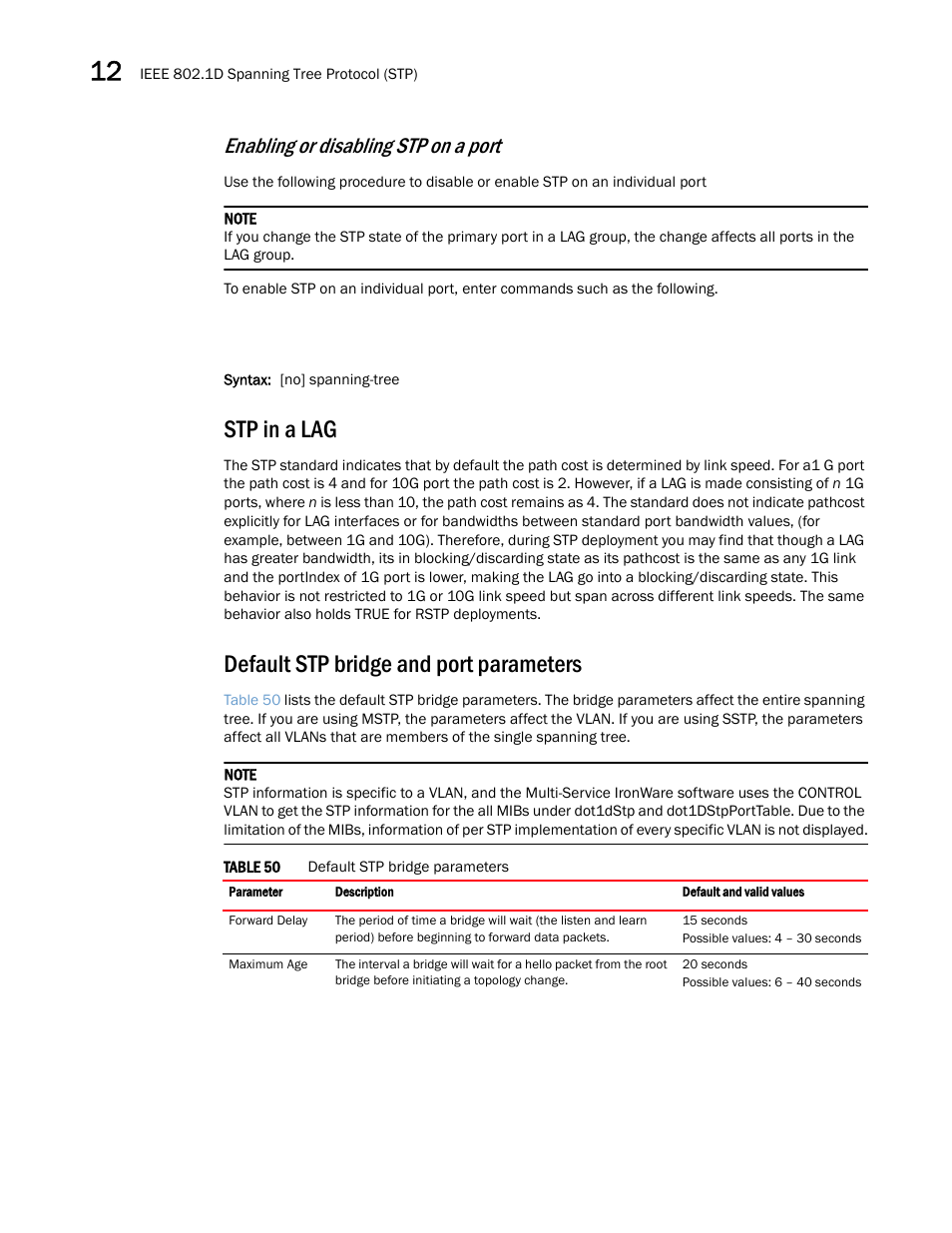 Stp in a lag, Default stp bridge and port parameters, Enabling or disabling stp on a port | Brocade Multi-Service IronWare Switching Configuration Guide (Supporting R05.6.00) User Manual | Page 350 / 984