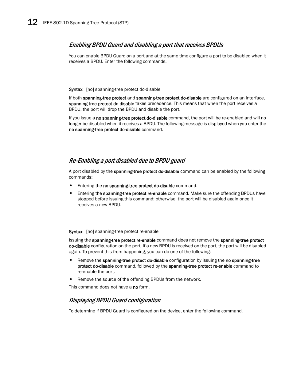 Re-enabling a port disabled due to bpdu guard, Displaying bpdu guard configuration | Brocade Multi-Service IronWare Switching Configuration Guide (Supporting R05.6.00) User Manual | Page 356 / 984