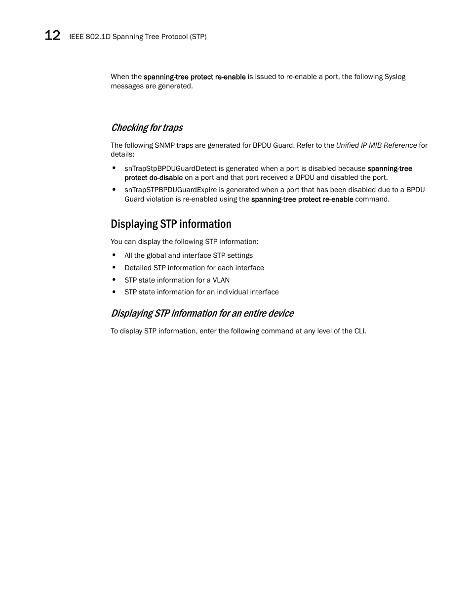 Displaying stp information, Checking for traps, Displaying stp information for an entire device | Brocade Multi-Service IronWare Switching Configuration Guide (Supporting R05.6.00) User Manual | Page 358 / 984