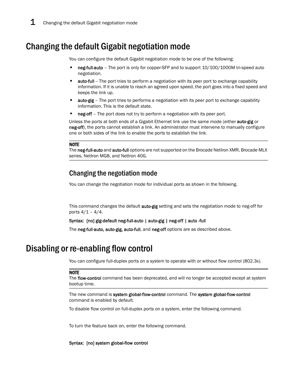 Changing the default gigabit negotiation mode, Changing the negotiation mode, Disabling or re-enabling flow control | Brocade Multi-Service IronWare Switching Configuration Guide (Supporting R05.6.00) User Manual | Page 36 / 984