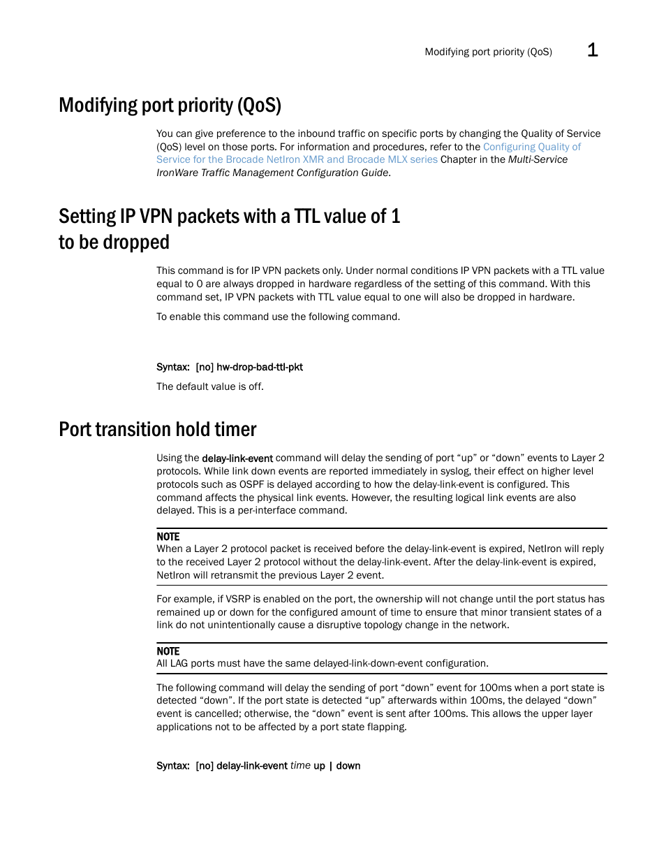 Modifying port priority (qos), Port transition hold timer | Brocade Multi-Service IronWare Switching Configuration Guide (Supporting R05.6.00) User Manual | Page 37 / 984