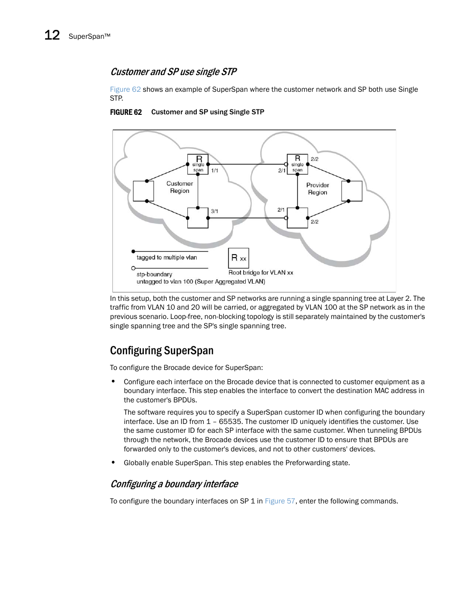 Configuring superspan, Customer and sp use single stp, Configuring a boundary interface | Brocade Multi-Service IronWare Switching Configuration Guide (Supporting R05.6.00) User Manual | Page 372 / 984