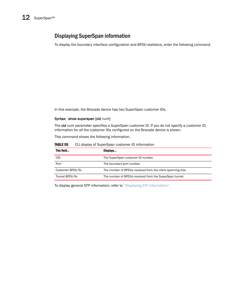 Displaying superspan information | Brocade Multi-Service IronWare Switching Configuration Guide (Supporting R05.6.00) User Manual | Page 374 / 984