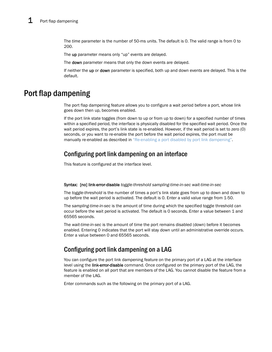 Port flap dampening, Configuring port link dampening on an interface, Configuring port link dampening on a lag | Brocade Multi-Service IronWare Switching Configuration Guide (Supporting R05.6.00) User Manual | Page 38 / 984