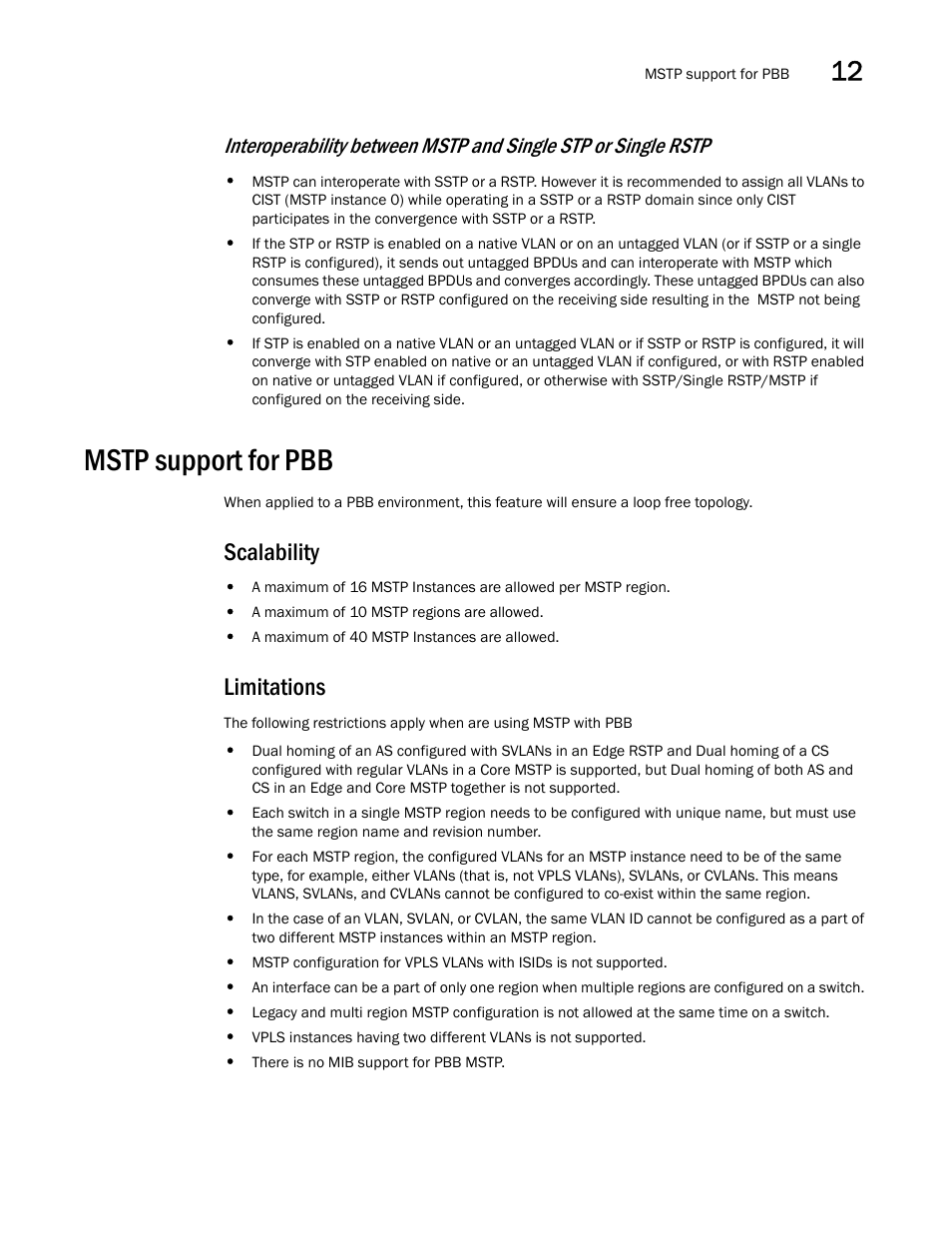 Mstp support for pbb, Scalability, Limitations | Brocade Multi-Service IronWare Switching Configuration Guide (Supporting R05.6.00) User Manual | Page 399 / 984