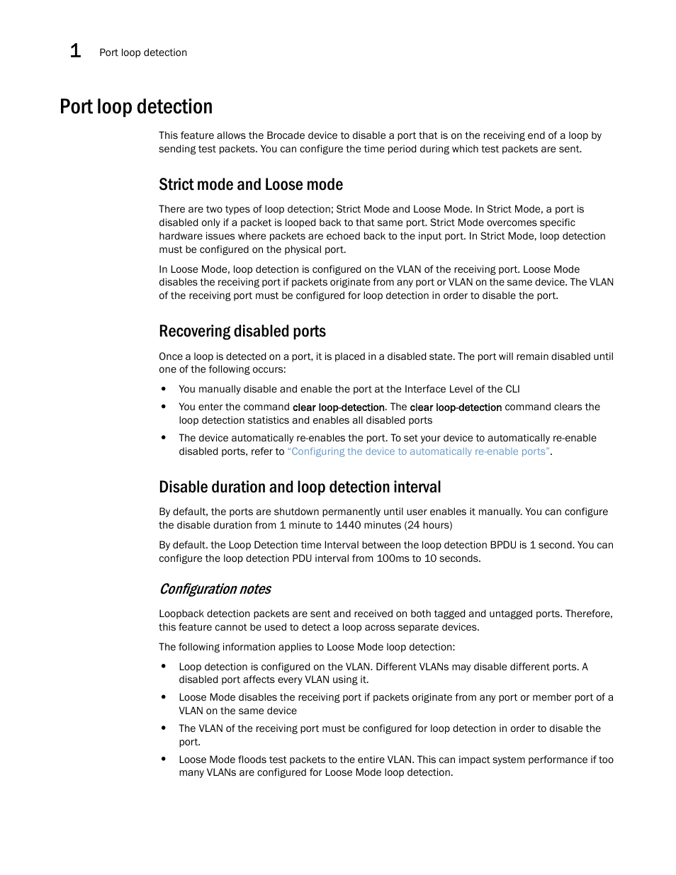 Port loop detection, Strict mode and loose mode, Recovering disabled ports | Disable duration and loop detection interval | Brocade Multi-Service IronWare Switching Configuration Guide (Supporting R05.6.00) User Manual | Page 40 / 984