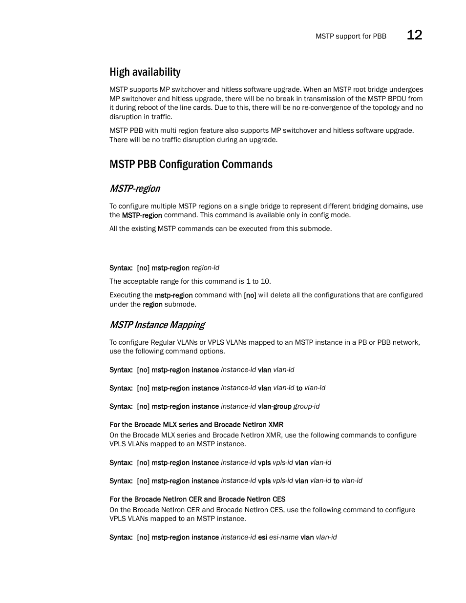 High availability, Mstp pbb configuration commands, Mstp-region | Mstp instance mapping | Brocade Multi-Service IronWare Switching Configuration Guide (Supporting R05.6.00) User Manual | Page 403 / 984