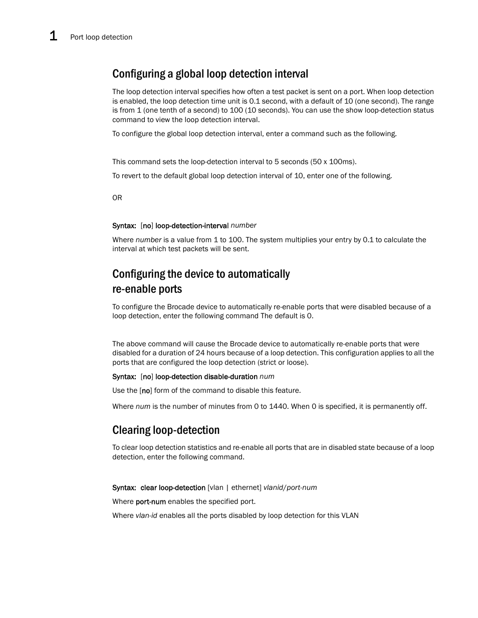 Configuring a global loop detection interval, Clearing loop-detection | Brocade Multi-Service IronWare Switching Configuration Guide (Supporting R05.6.00) User Manual | Page 42 / 984